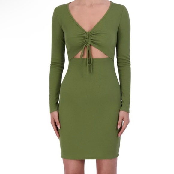 BCBG Paris Green Cutout Ruched Long sleeve Mini Ribbed Dress - Picture 2 of 7